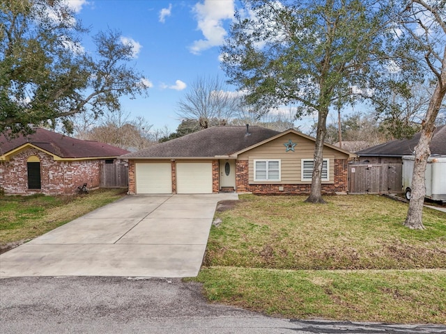 ranch-style home featuring a garage and a front lawn