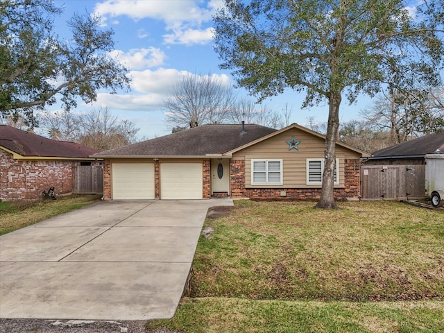 ranch-style home featuring a garage and a front yard