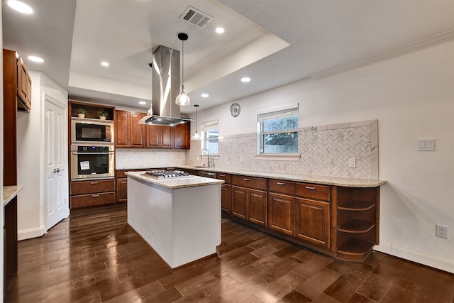 kitchen featuring a kitchen island, appliances with stainless steel finishes, island range hood, and a tray ceiling