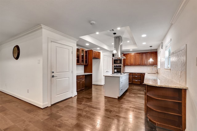 kitchen featuring a raised ceiling, sink, light stone counters, and dark hardwood / wood-style flooring