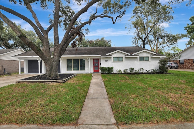 ranch-style house with a garage and a front lawn