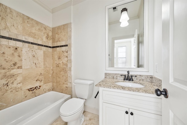 full bathroom featuring tiled shower / bath combo, vanity, tile patterned flooring, and toilet