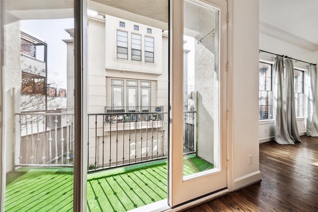 doorway with dark hardwood / wood-style floors