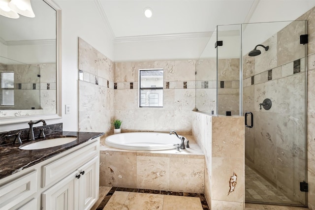 bathroom featuring ornamental molding, vanity, and plus walk in shower