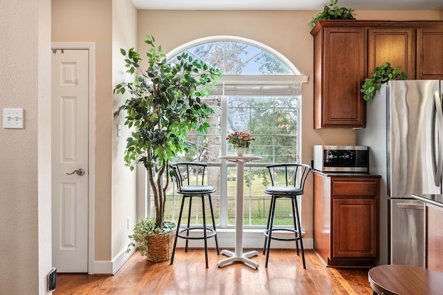 kitchen with a wealth of natural light, light hardwood / wood-style floors, and appliances with stainless steel finishes