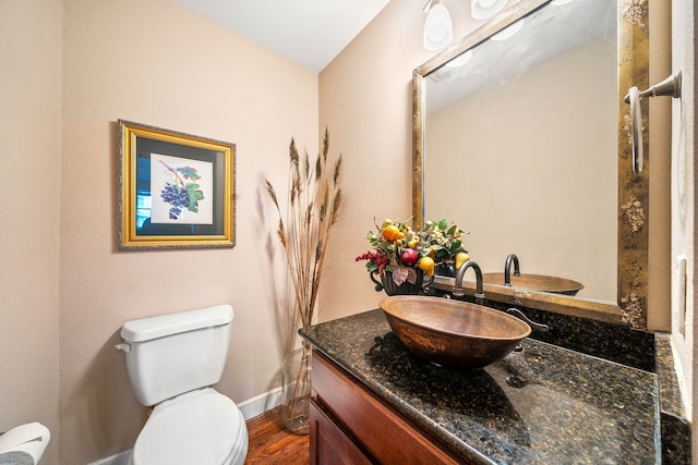 bathroom with vanity, hardwood / wood-style floors, and toilet