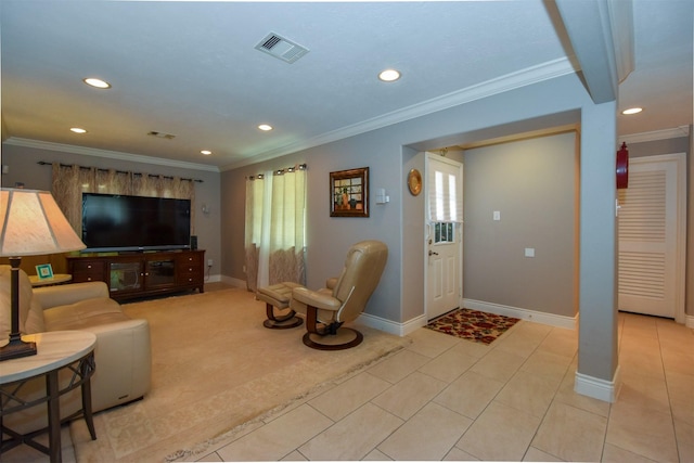 living room with crown molding and light tile patterned floors