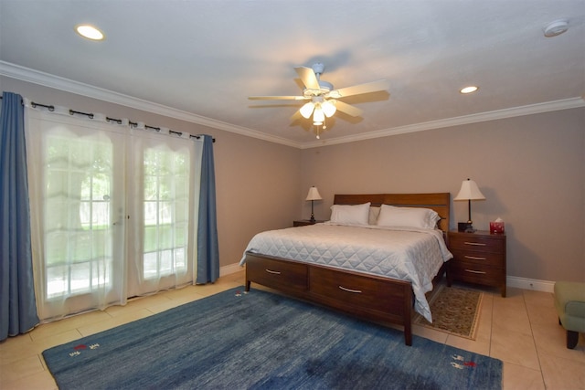 bedroom featuring multiple windows, ornamental molding, light tile patterned floors, and access to exterior