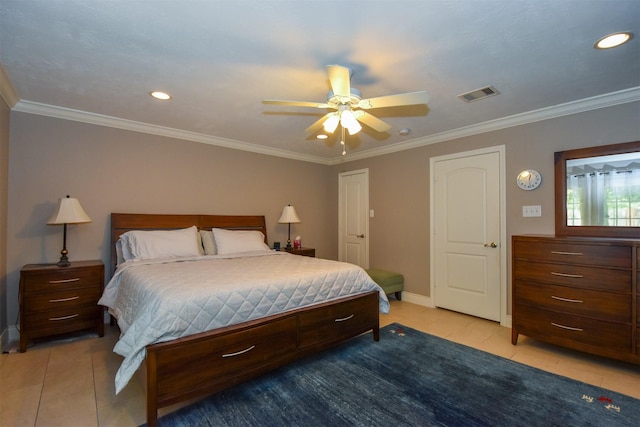 tiled bedroom featuring ornamental molding and ceiling fan