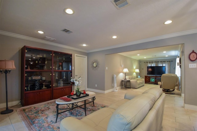 tiled living room with crown molding