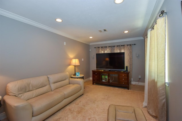 carpeted living room with ornamental molding