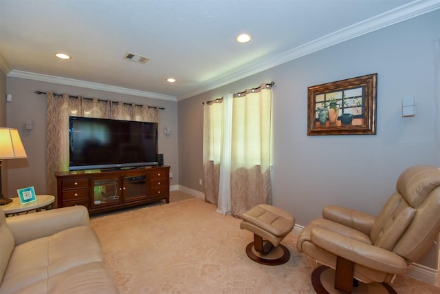 living room with crown molding and carpet flooring