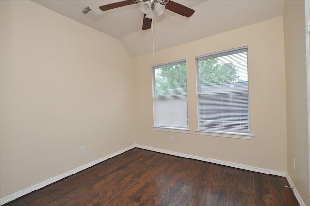 9210 Hidden Lake E Lake E, Magnolia, TX 77354 - unfurnished room with dark wood finished floors, visible vents, baseboards, ceiling fan, and lofted ceiling