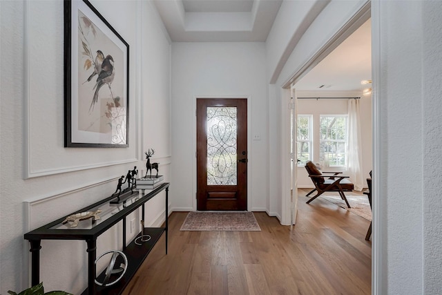 entrance foyer featuring light wood-type flooring and a tray ceiling