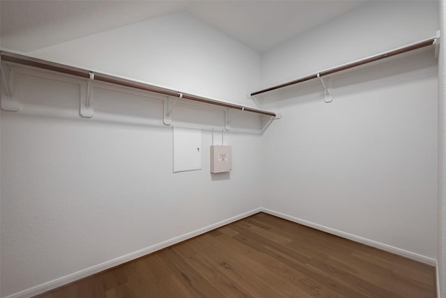 spacious closet with wood-type flooring and vaulted ceiling