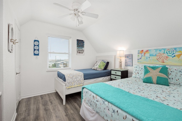 bedroom featuring ceiling fan, lofted ceiling, and hardwood / wood-style floors