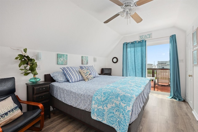 bedroom featuring lofted ceiling, access to exterior, hardwood / wood-style flooring, and ceiling fan