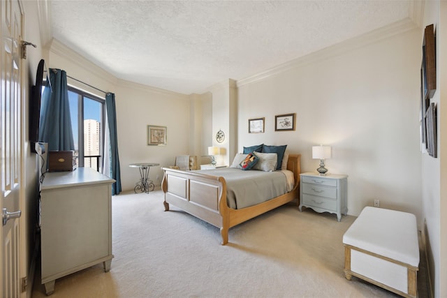 carpeted bedroom featuring crown molding and a textured ceiling