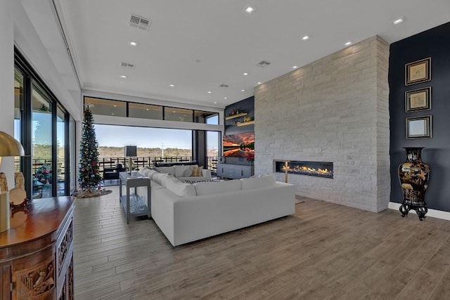 living room with a fireplace and light hardwood / wood-style floors