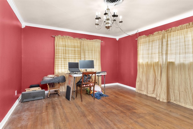 home office featuring hardwood / wood-style flooring, crown molding, and a chandelier