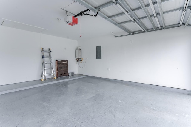 garage featuring a garage door opener, electric panel, and water heater