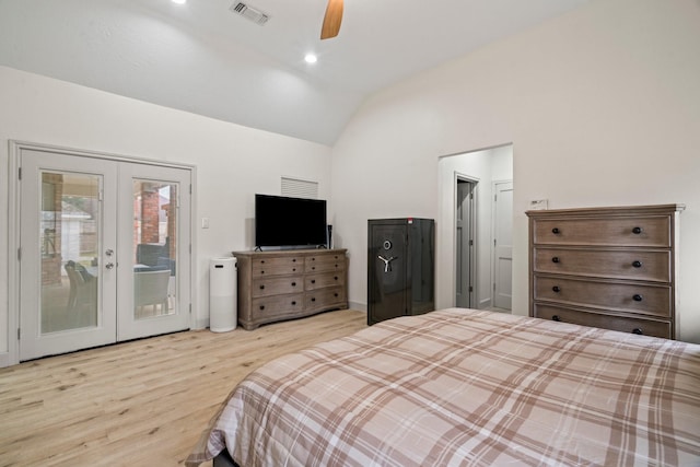 bedroom featuring lofted ceiling, access to exterior, ceiling fan, light hardwood / wood-style floors, and french doors