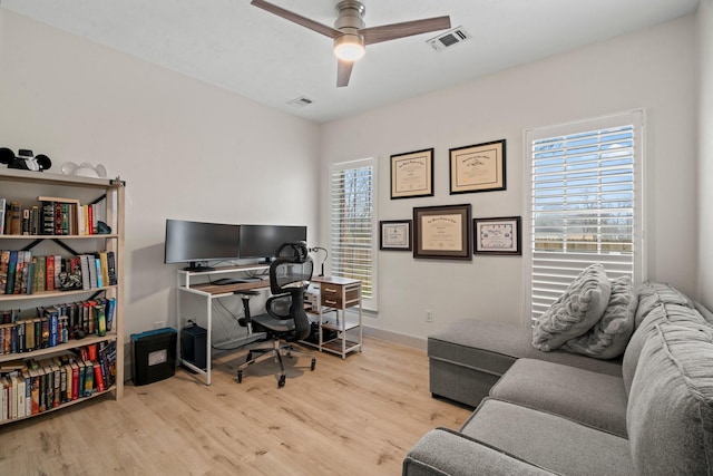 office area with ceiling fan and light hardwood / wood-style floors