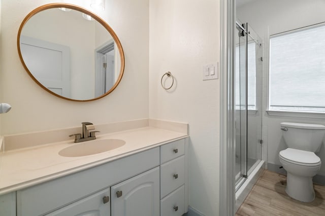 bathroom featuring vanity, toilet, a shower with door, and wood-type flooring