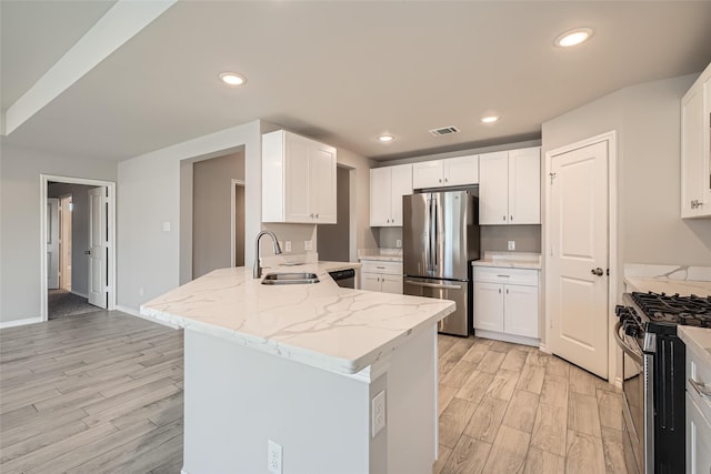 kitchen featuring stainless steel appliances, kitchen peninsula, sink, and white cabinets