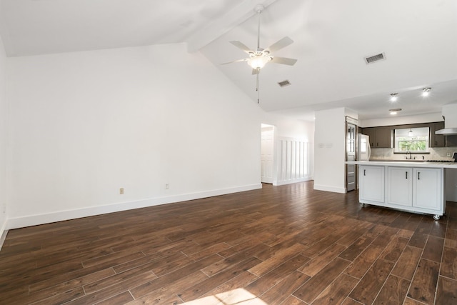 unfurnished living room with sink, ceiling fan, dark wood-type flooring, high vaulted ceiling, and beamed ceiling