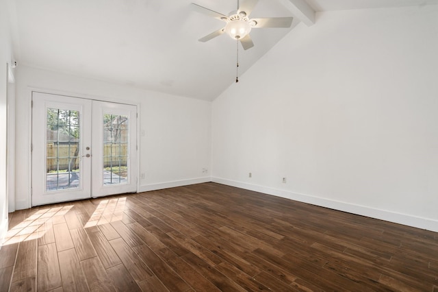 unfurnished room with french doors, beamed ceiling, ceiling fan, dark wood-type flooring, and high vaulted ceiling