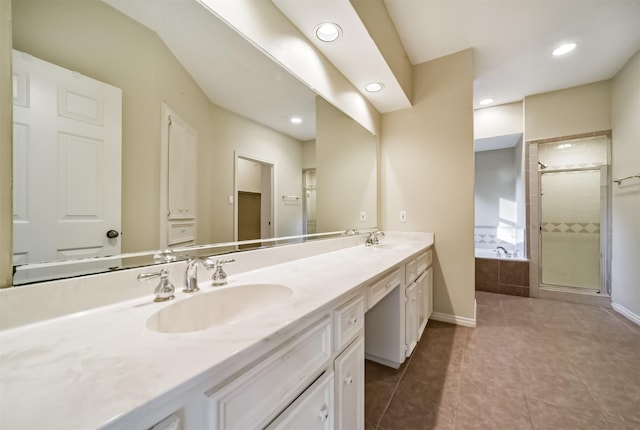 bathroom with vanity, separate shower and tub, and tile patterned floors