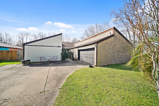 view of property exterior with a garage and a yard