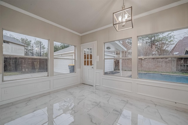 unfurnished sunroom with a notable chandelier