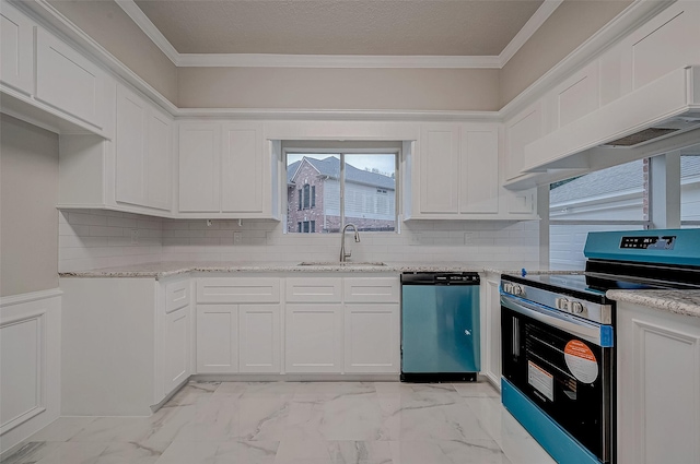 kitchen with premium range hood, sink, white cabinets, stainless steel appliances, and crown molding