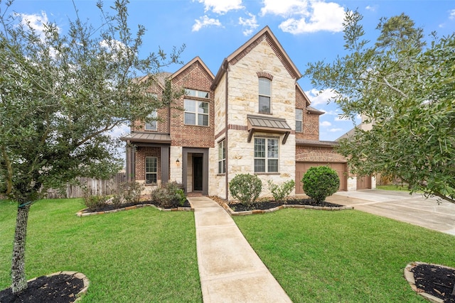 18007 Stari Most Ln, Houston, TX 77044 - view of front facade featuring a standing seam roof, concrete driveway, stone siding, and metal roof