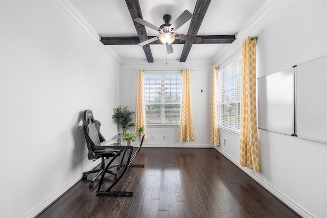 18007 Stari Most Ln, Houston, TX 77044 - sitting room with baseboards, wood-type flooring, ceiling fan, beam ceiling, and coffered ceiling