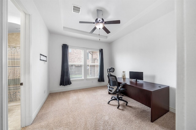 18007 Stari Most Ln, Houston, TX 77044 - carpeted office with baseboards, a ceiling fan, and a tray ceiling