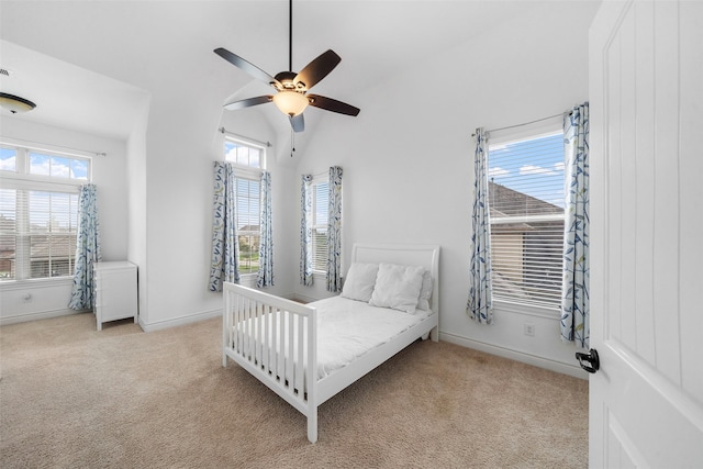 18007 Stari Most Ln, Houston, TX 77044 - carpeted bedroom with lofted ceiling, baseboards, and ceiling fan