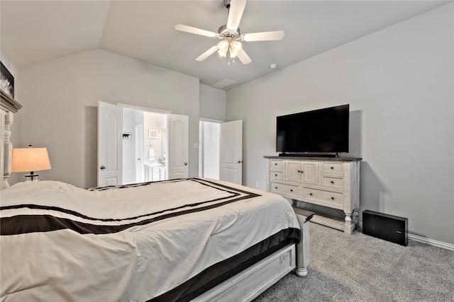 bedroom with carpet, vaulted ceiling, and a ceiling fan