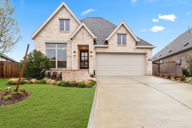 view of front of property featuring a garage and a front lawn