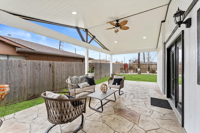 view of patio / terrace featuring an outdoor living space and ceiling fan