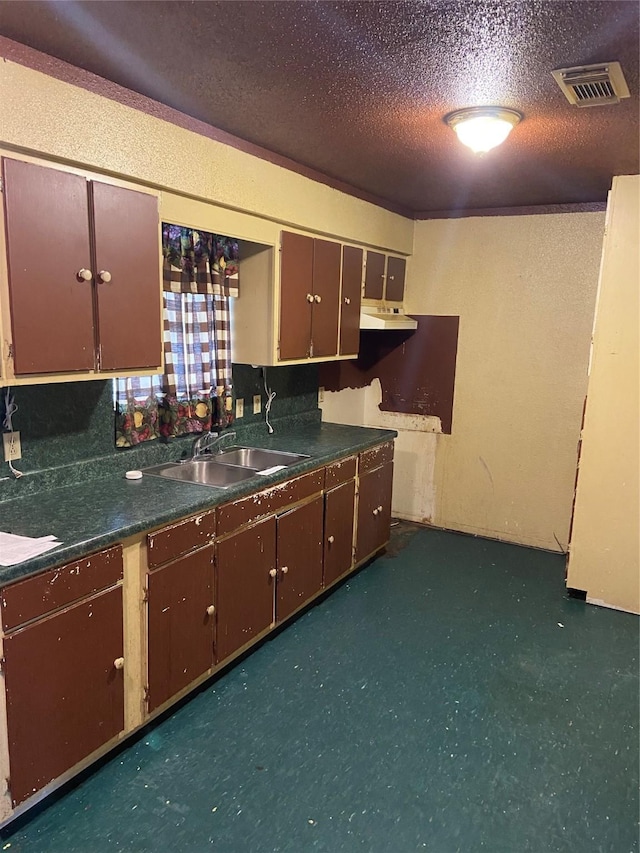 kitchen with sink, dark brown cabinets, and a textured ceiling