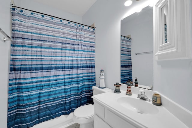 full bathroom featuring vanity, shower / bathtub combination with curtain, and toilet