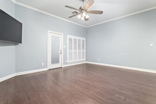 spare room with crown molding, ceiling fan, and hardwood / wood-style flooring