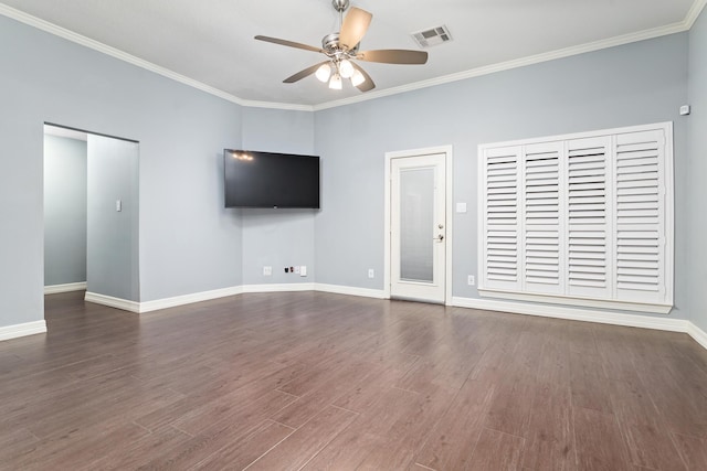 unfurnished living room with ceiling fan, ornamental molding, and dark hardwood / wood-style flooring