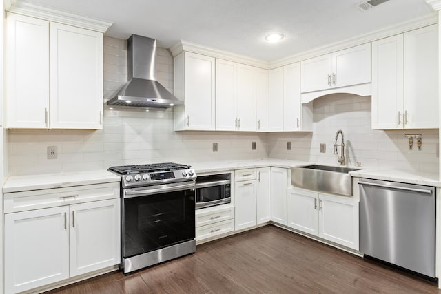 kitchen featuring sink, dark hardwood / wood-style floors, wall chimney exhaust hood, and appliances with stainless steel finishes