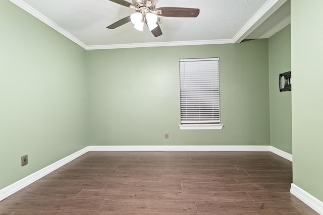 empty room featuring crown molding, ceiling fan, and dark hardwood / wood-style flooring