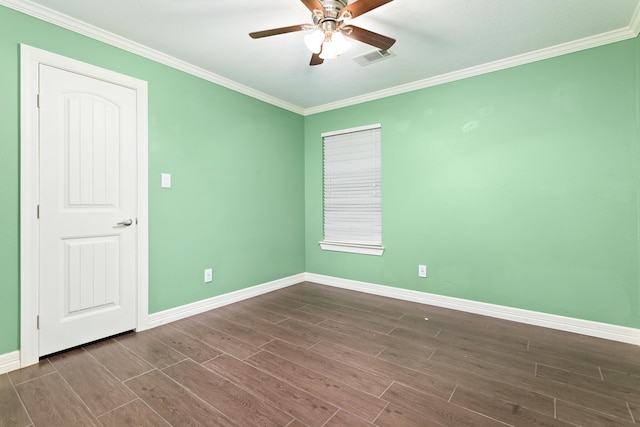 empty room with dark wood-type flooring, ceiling fan, and crown molding