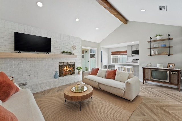 living room with light parquet flooring, high vaulted ceiling, a fireplace, and beam ceiling